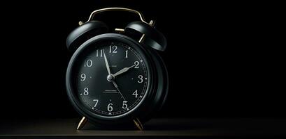 ai generiert schwarz runden alt Alarm Uhr auf schwarz Hintergrund foto