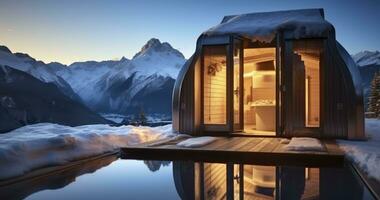 ai generiert das belebend Flucht von ein Sauna eingebettet im das Berge Schnee foto