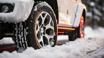ai generiert schneebedeckt Reise - - ein schließen oben Schuss von Winter Reifen mit Schnee foto