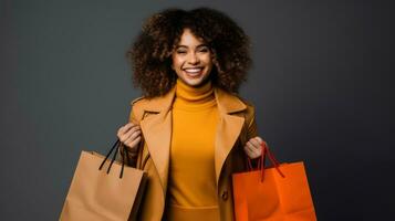 ai generiert Porträt von afrikanisch Frauen halten Einkaufen Tasche im saisonal Ferien Verkauf isoliert auf grau Hintergrund foto