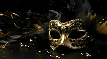 ai generiert Karneval gras Hintergrund golden Feder Maske zum glücklich Karneval gras Tag isoliert dunkel Hintergrund foto