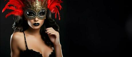 ai generiert schön Frau im Karneval gras Maske und bilden Karneval gras Kopieren Raum Banner foto