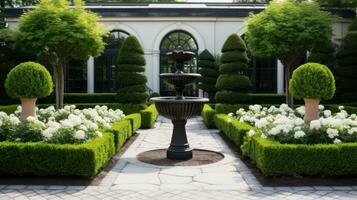ai generiert Garten mit ein modern Twist auf ein klassisch Design, mit ein symmetrisch Layout, foto