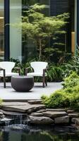 ai generiert ein modern Garten mit ein einzigartig einstellen von draussen Möbel, gut in Stand gehalten Grün foto