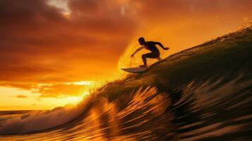 ai generiert ein Surfer Reiten ein Welle im das Ozean, mit das Sonne Rahmen hinter Sie foto