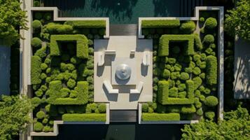 ai generiert ein atemberaubend Antenne Schuss von ein modern Garten Design mit ein geometrisch Muster von Hecken. foto
