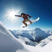 ai generiert ein Snowboarder durchführen ein Trick im in der Luft, mit das schneebedeckt Berg im das Hintergrund foto