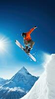 ai generiert ein Snowboarder durchführen ein Trick im in der Luft, mit das schneebedeckt Berg im das Hintergrund foto