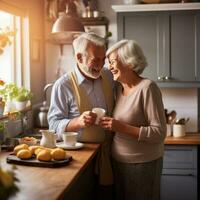 ai generiert berühren Lager Foto von ein Alten Paar Kochen Frühstück zusammen im ihr klein aber gemütlich Küche