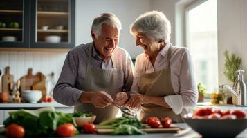 ai generiert berühren Lager Foto von ein Alten Paar Kochen Frühstück zusammen im ihr klein aber gemütlich Küche