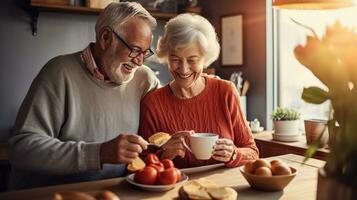 ai generiert berühren Lager Foto von ein Alten Paar Kochen Frühstück zusammen im ihr klein aber gemütlich Küche