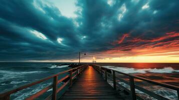 ai generiert das Seebrücke steht Leise unter das bedrohlich Schönheit von ein stürmisch Himmel beim Dämmerung foto