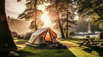 ai generiert ein szenisch Aussicht von Zelte Punktierung das Landschaft von ein still Campingplatz foto