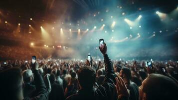 ai generiert Erfassen das Menge beim ein Konzert, beleuchtet durch das glühen von Smartphones foto