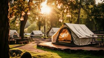 ai generiert Erfassen das gemütlich Ambiente von Zelte aufgeschlagen beim ein charmant Campingplatz foto