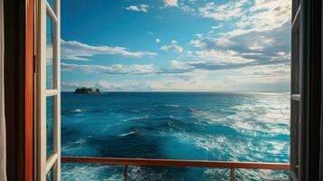 ai generiert Erfassen das majestätisch Meer wie angesehen durch das Fenster von ein Kreuzfahrt Zimmer foto