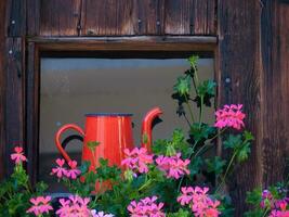 ein rot Bewässerung können Sitzung im Vorderseite von ein Fenster foto