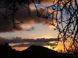 ein Sonnenuntergang Über ein Berg mit Bäume und Geäst foto