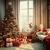 gemütlich Leben Zimmer mit schön Weihnachten Baum und rot Geschenke im modern Innere. Innere von Leben Zimmer dekoriert zum fröhlich Weihnachten mit Socken, Geschenk Kisten und Weihnachten Zubehör durch ai generiert foto