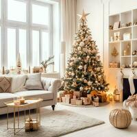 gemütlich Leben Zimmer mit schön Weihnachten Baum und rot Geschenke im modern Innere. Innere von Leben Zimmer dekoriert zum fröhlich Weihnachten mit Socken, Geschenk Kisten und Weihnachten Zubehör durch ai generiert foto