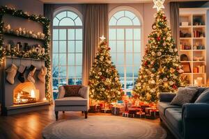 gemütlich Leben Zimmer mit schön Weihnachten Baum und rot Geschenke im modern Innere. Innere von Leben Zimmer dekoriert zum fröhlich Weihnachten mit Socken, Geschenk Kisten und Weihnachten Zubehör durch ai generiert foto