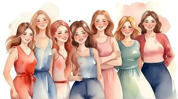 ai generiert glücklich Frauen Gruppe zum International Damen Tag , Aquarell Stil Illustration glücklich Frauen Tag foto