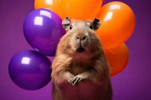 ai generiert süß Capybara mit bunt Luftballons auf lila Hintergrund. foto