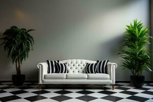 ai generiert modern Innere mit Weiß Sofa, gestreift Kissen und Pflanzen. foto