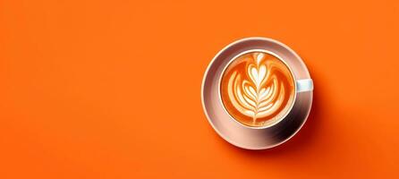 ai generiert Banner von Tasse von Kaffee mit Latté Kunst Über Orange Hintergrund und Kopieren Raum. oben Aussicht Foto. ai generiert foto