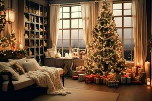 gemütlich Leben Zimmer mit schön Weihnachten Baum und rot Geschenke im modern Innere. Innere von Leben Zimmer dekoriert zum fröhlich Weihnachten mit Socken, Geschenk Kisten und Weihnachten Zubehör durch ai generiert foto