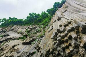Küsten Cliff auf Kunaschir Insel gebildet durch säulenförmig Basalt Felsen bedeckt mit Vegetation foto