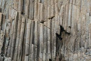 Oberfläche von ein Felsen Mauer gebildet durch säulenförmig Basalt foto