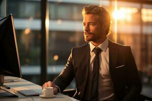 ai generiert Geschäftsmann mit Tasse von Kaffee Arbeiten auf Computer beim Abend im Büro foto