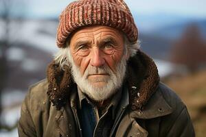 ai generiert Porträt von ein Dorf alt Mann gegen das Hintergrund von Winter Landschaft foto