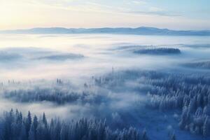 ai generiert Winter bewaldet Landschaft, Antenne Aussicht von ein kalt schneebedeckt Wald foto