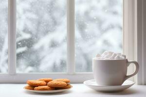ai generiert Tasse von tKakao mit Marshmallows und ein Untertasse mit Kekse auf das Fensterbrett auf ein Winter Morgen foto