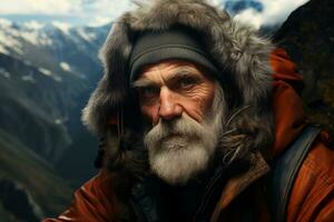 ai generiert Porträt von ein Alten Mann im warm Winter Kleider gegen das Hintergrund von Berge foto