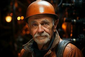 ai generiert Porträt von alt Mann Arbeiter im ein schwer Hut auf ein verschwommen industriell Hintergrund foto