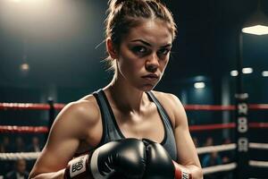ai generiert weiblich Boxer Ausbildung im Boxen Ring foto
