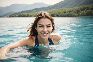 ai generiert ein Frau lächelnd während Schwimmen im ein schön See foto