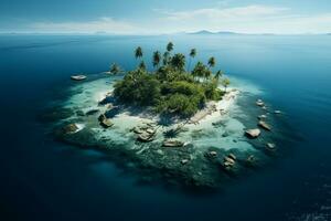 ai generiert Antenne Aussicht von ein winzig Insel mit Palme Bäume im das Mitte von das Ozean foto