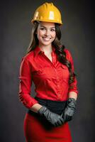 ai generiert Porträt von ein schön Frau im rot lange Ärmel Hemd und schwer Hut foto