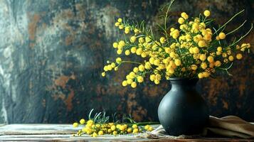 ai generiert immer noch Leben im welche ein dunkel Vase mit Gelb Mimose Blumen auf ein hölzern Tabelle auf ein grau Hintergrund im ein minimalistisch Stil foto