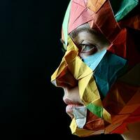 ai generiert Profil von ein Frau Gesicht mit Messe Haut Nahansicht auf welche ein Maske gemacht von farbig Origami auf ein schwarz Hintergrund foto