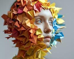 ai generiert Nahansicht Gesicht von ein jung hellhäutig Mädchen mit ein farbig Origami Maske auf ein Licht Hintergrund foto