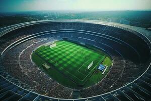 ai generiert Antenne Festlegung Schuss von ein ganze Stadion mit Fußball Meisterschaft passen. Teams spielen, Menge von Fans jubeln. Sport Konzept. foto