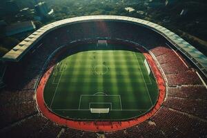 ai generiert Antenne Festlegung Schuss von ein ganze Stadion mit Fußball Meisterschaft passen. Teams spielen, Menge von Fans jubeln. Sport Konzept. foto