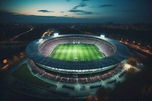 ai generiert Antenne Festlegung Schuss von ein ganze Stadion mit Fußball Meisterschaft passen. Teams spielen, Menge von Fans jubeln. Sport Konzept. foto