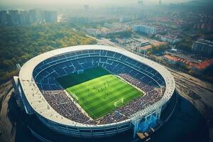 ai generiert Antenne Festlegung Schuss von ein ganze Stadion mit Fußball Meisterschaft passen. Teams spielen, Menge von Fans jubeln. Sport Konzept. foto