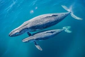 ai generiert Antenne Aussicht von Delfine Schwimmen durch tropisch Blau Wasser foto